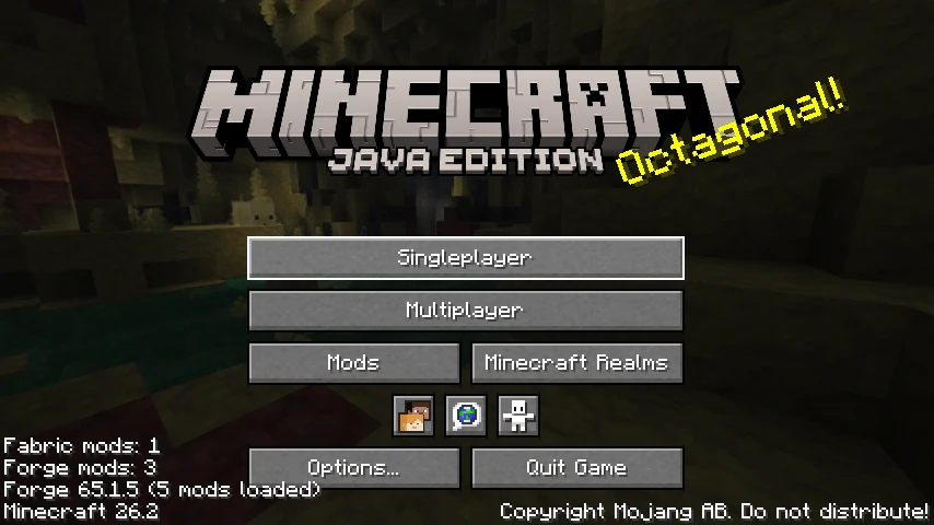 The Minecraft title screen with the lines "Fabric mods: 1" and "Forge mods: 3" in the lower left corner.